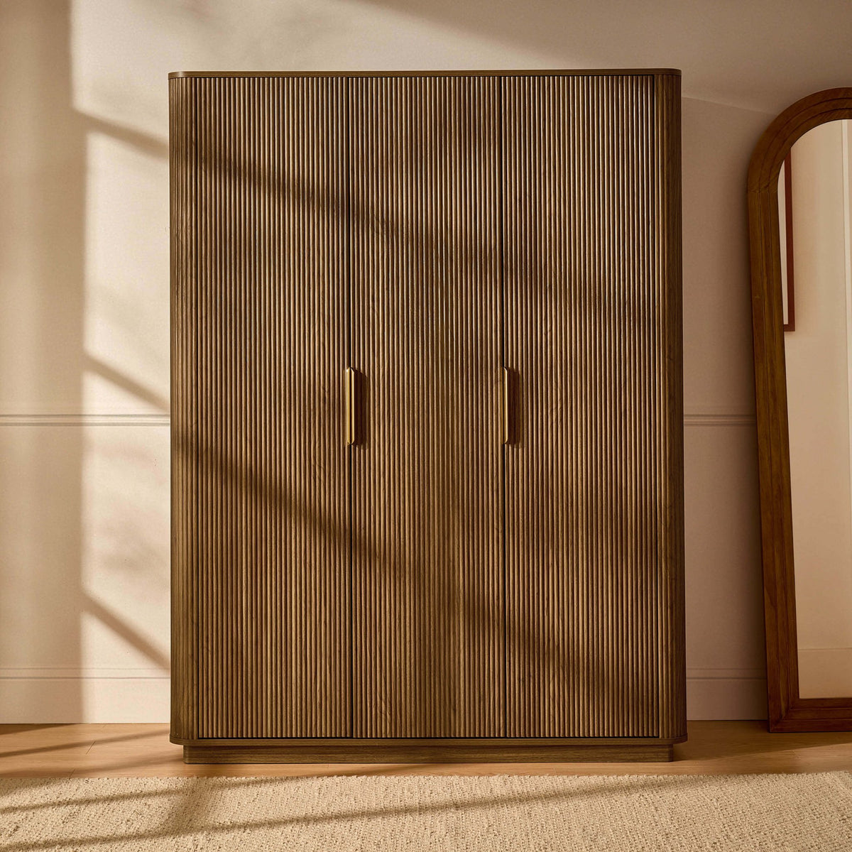 Hettie Ribbed 3 Door Wardrobe - Mid Wood - DUSK