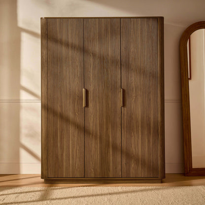 Hettie Ribbed 3 Door Wardrobe - Mid Wood - DUSK