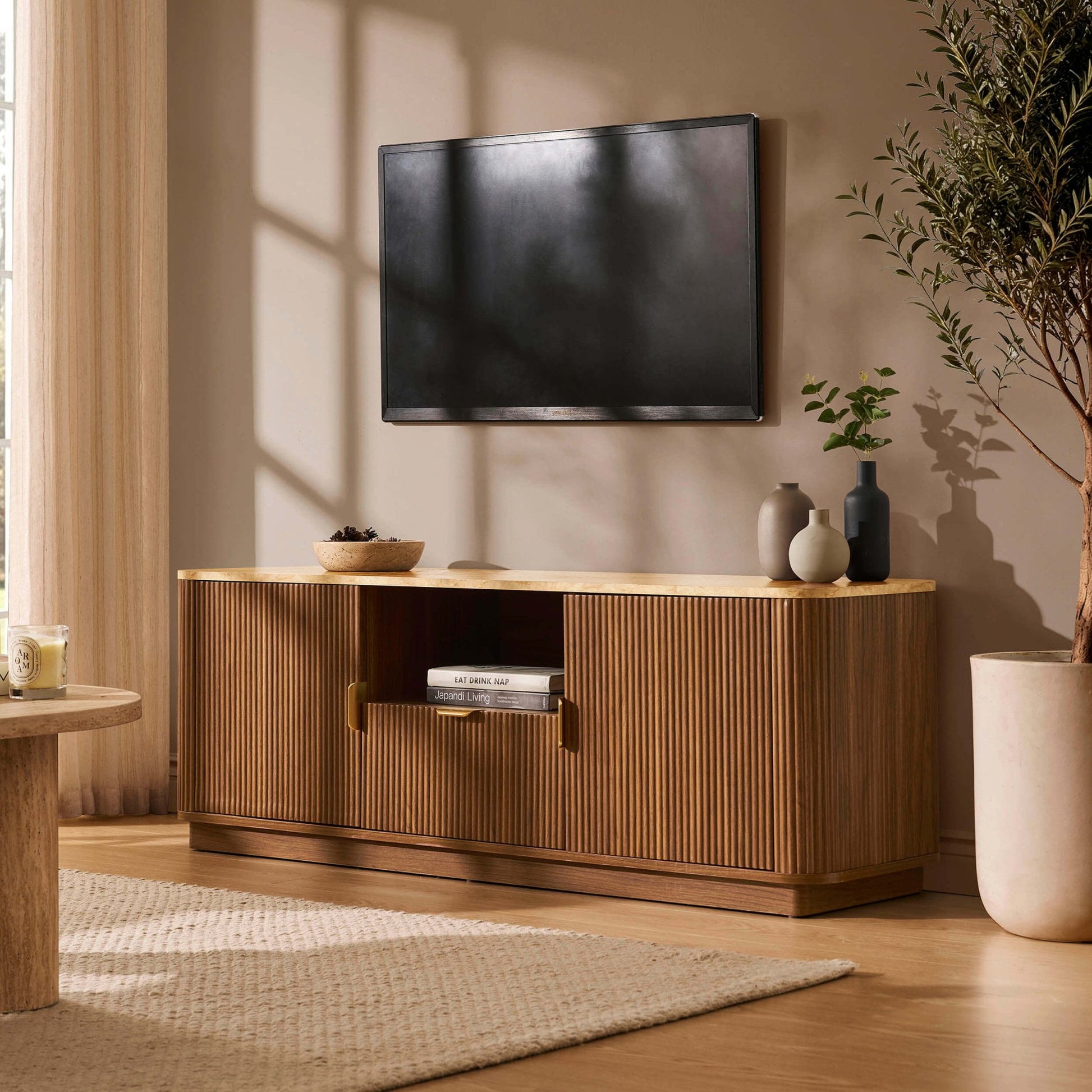 Hettie Tv Unit 2 Door Sideboard - Mid Wood/ Marble Effect Top - DUSK