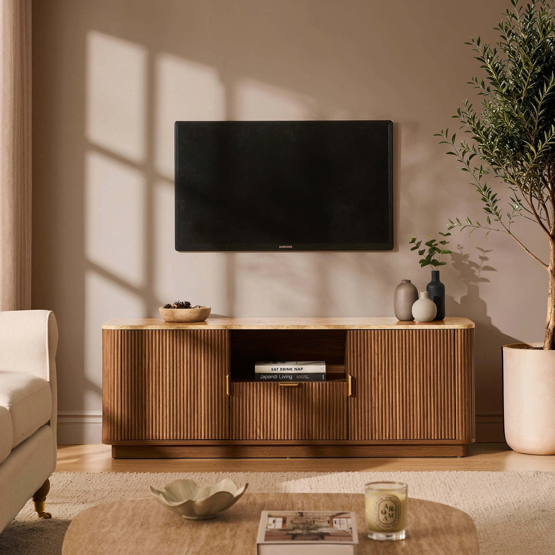 Hettie Tv Unit 2 Door Sideboard - Mid Wood/ Marble Effect Top - DUSK