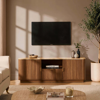Hettie Tv Unit 2 Door Sideboard - Mid Wood/ Marble Effect Top - DUSK