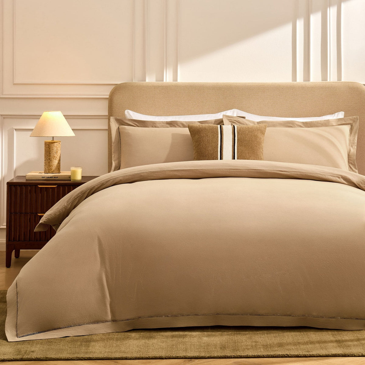 Imogen 100% Cotton Ladder Edge Duvet Cover & Pillowcase Set - Light Taupe - DUSK