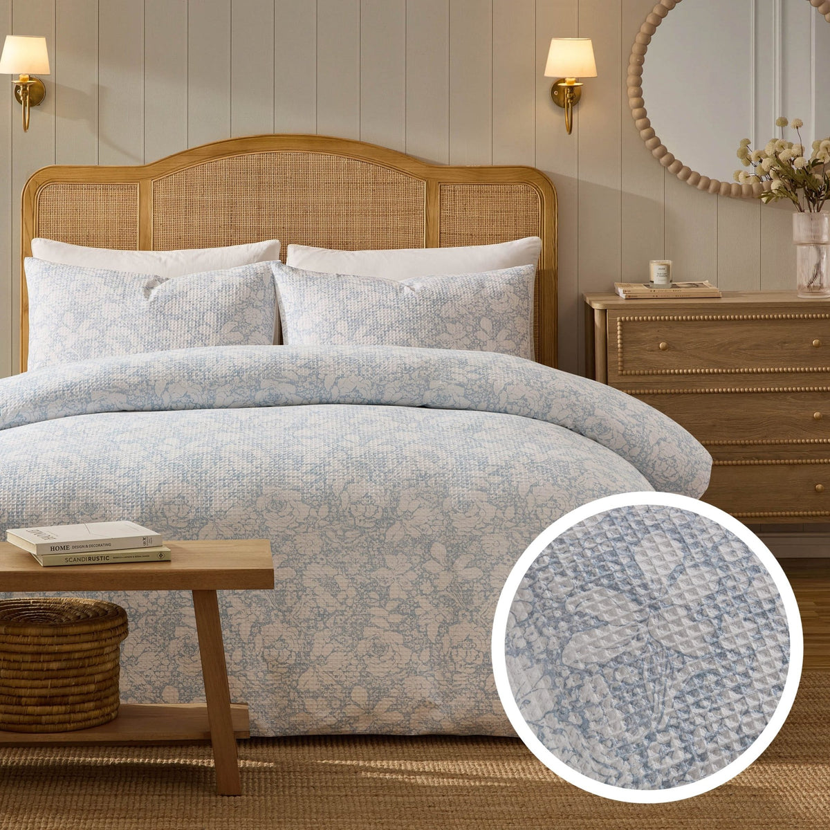 Iris Floral Printed Waffle Duvet Cover & Pillowcase Set - Blue - DUSK