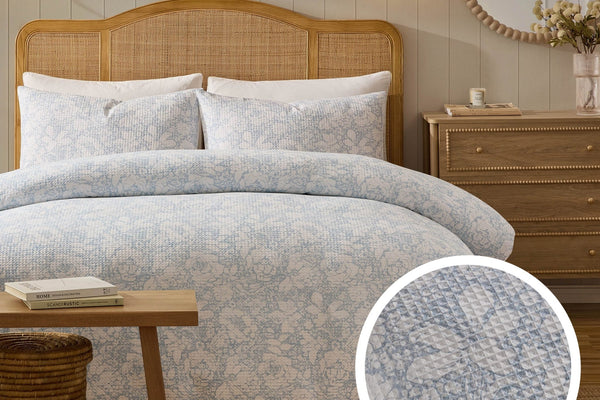 Iris Floral Printed Waffle Duvet Cover & Pillowcase Set - Blue - DUSK