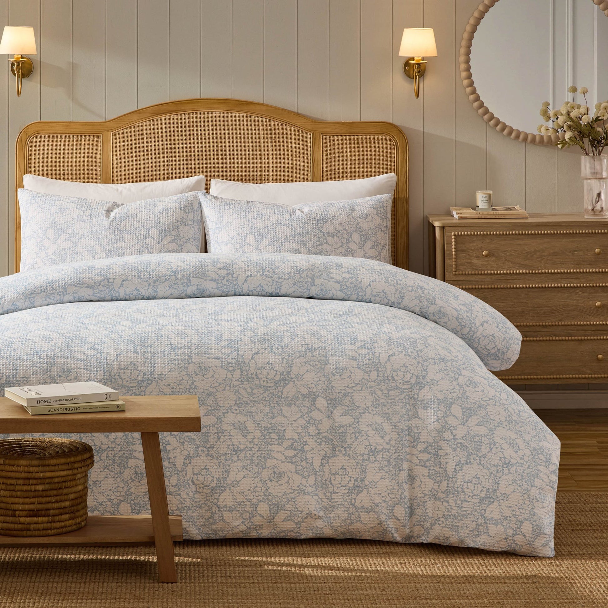Iris Floral Printed Waffle Duvet Cover & Pillowcase Set - Blue - DUSK