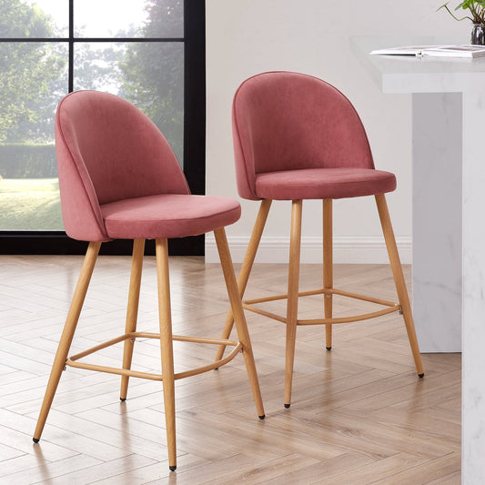 Iris Set Of 2 Barstools - Velvet Pink - Wood Legs - DUSK