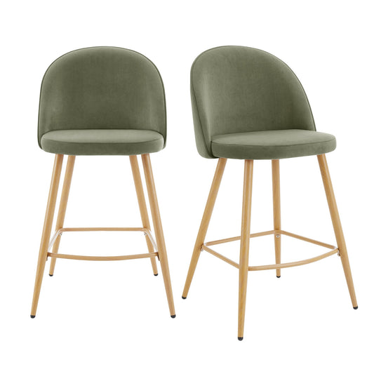 Iris Set Of 2 Barstools - Velvet Sage Green - Wood Legs - DUSK