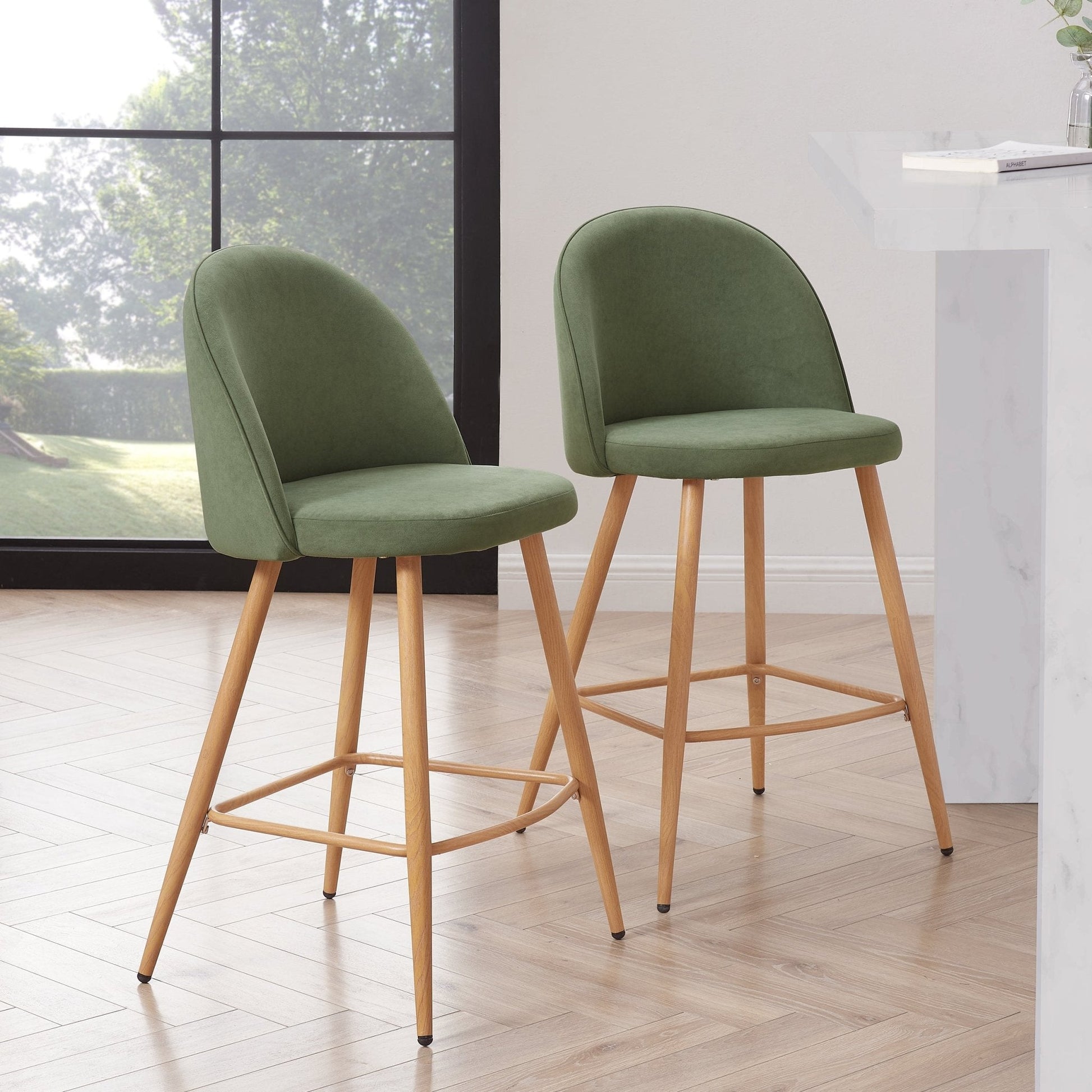 Iris Set Of 2 Barstools - Velvet Sage Green - Wood Legs - DUSK