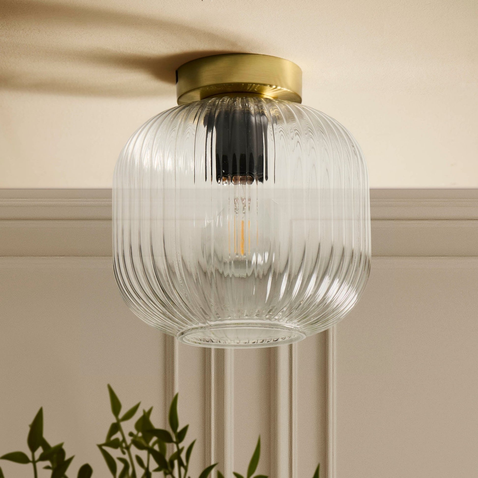 Jules Ribbed Glass Flush Ceiling Light - Clear/Gold - DUSK
