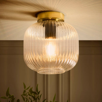 Jules Ribbed Glass Flush Ceiling Light - Clear/Gold - DUSK