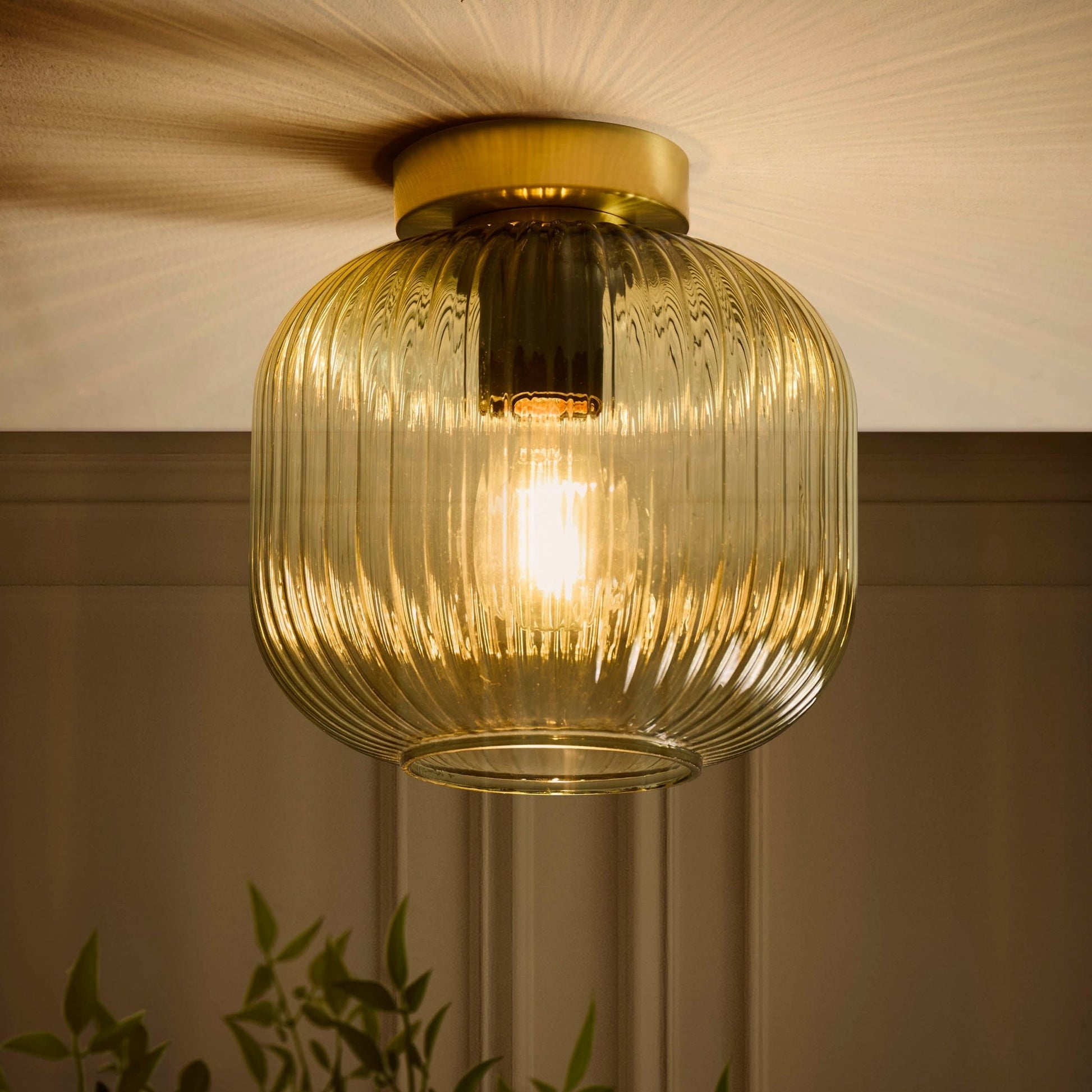 Jules Ribbed Glass Flush Ceiling Light - Green/Gold - DUSK