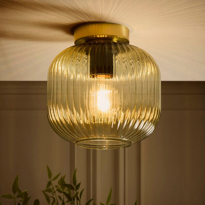 Jules Ribbed Glass Flush Ceiling Light - Green/Gold - DUSK