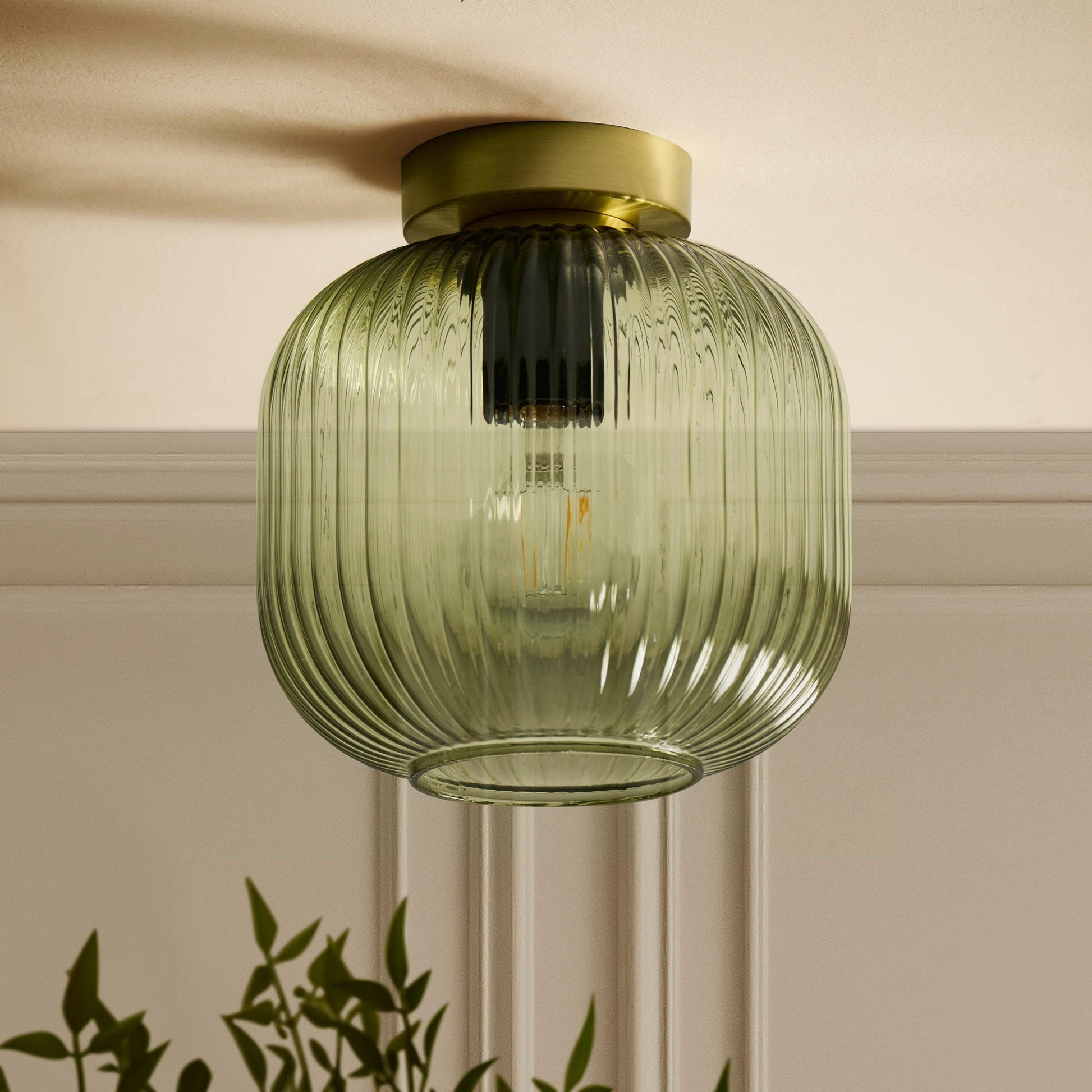Jules Ribbed Glass Flush Ceiling Light - Green/Gold - DUSK