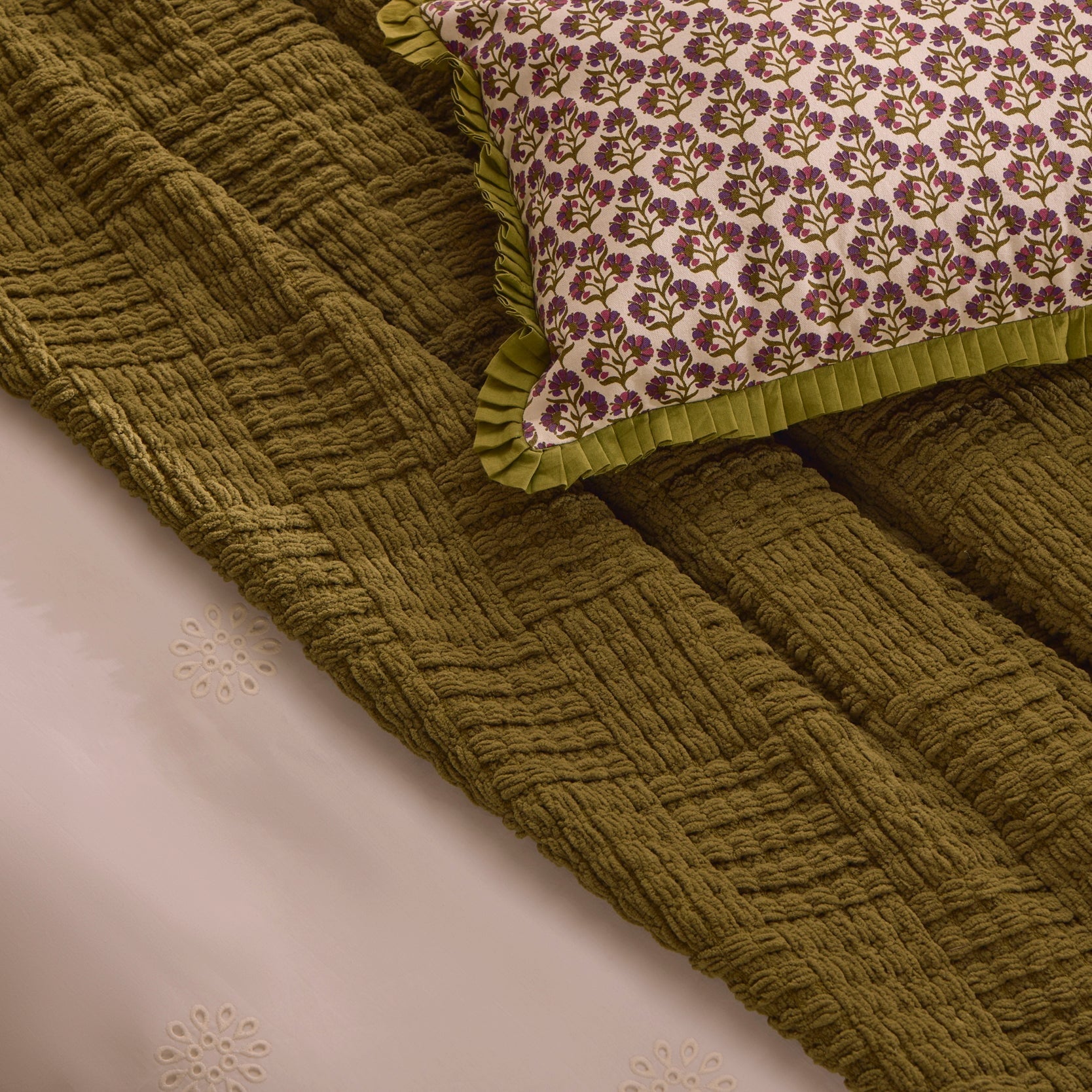 Julia 100% Cotton Box Pleat Edge Printed Cushion Cover - Purple/Green - DUSK