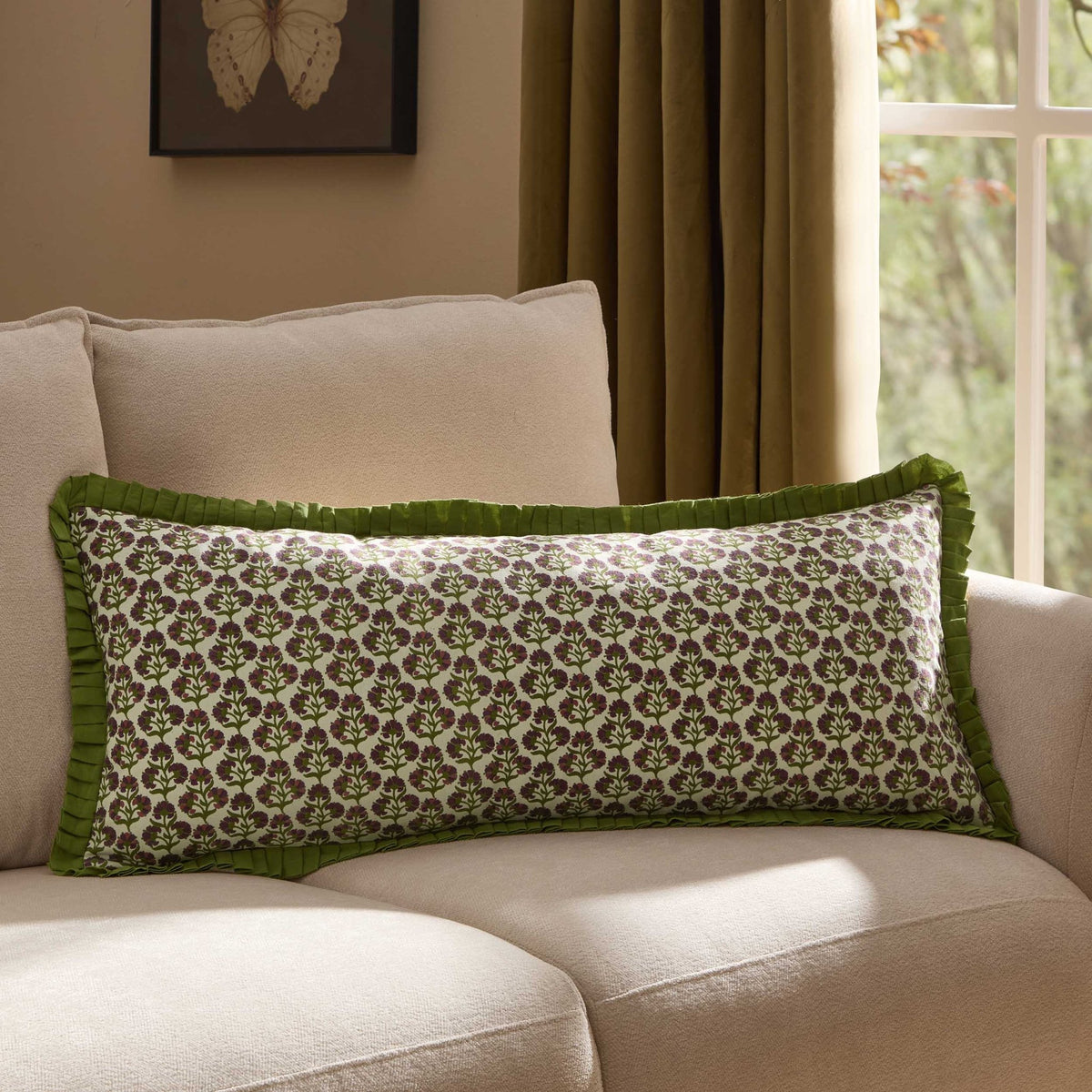 Julia 100% Cotton Box Pleat Edge Printed Sofa Cushion Cover - Purple/Green - DUSK