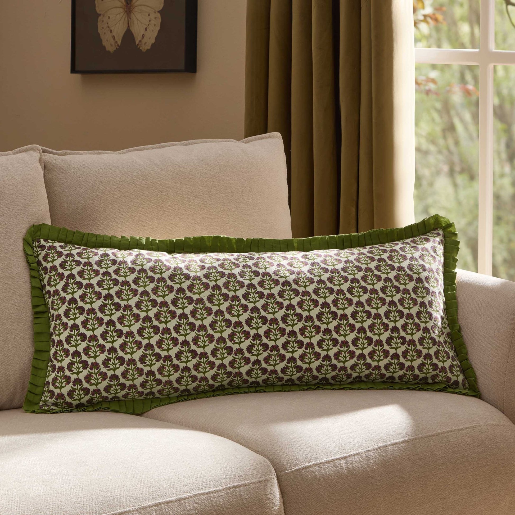 Julia 100% Cotton Box Pleat Edge Printed Sofa Cushion Cover - Purple/Green - DUSK