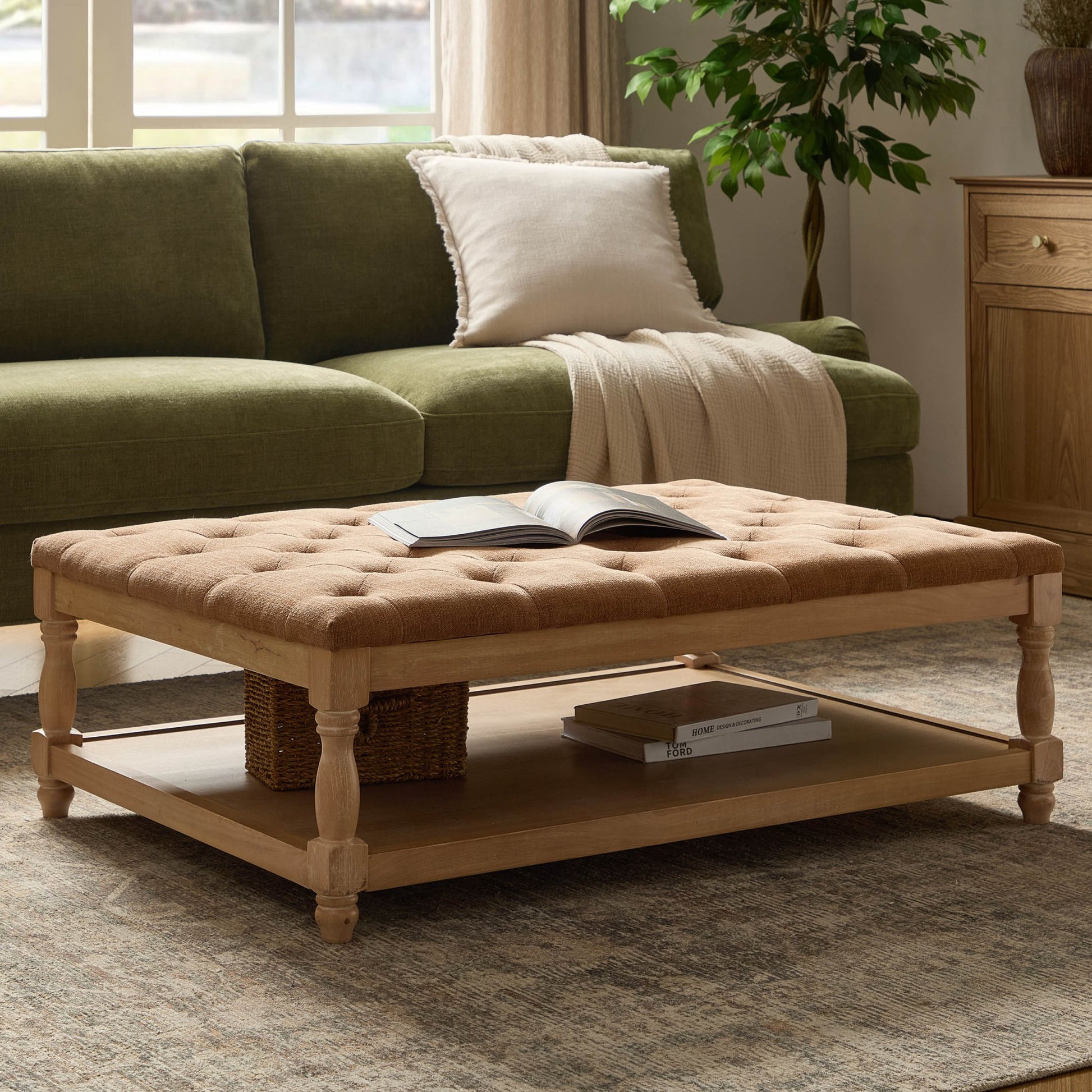 Knaresborough Button Back Coffee Table Pouffe - Chenille Tan - DUSK