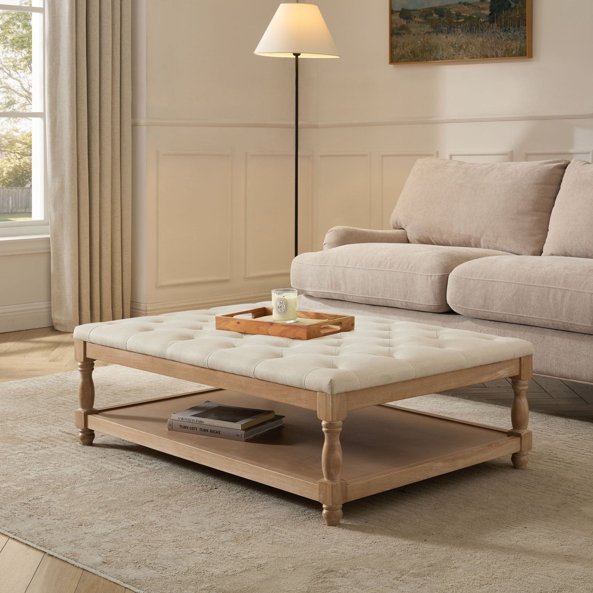 Knaresborough Button Back Coffee Table Pouffe - Cream Linen - DUSK