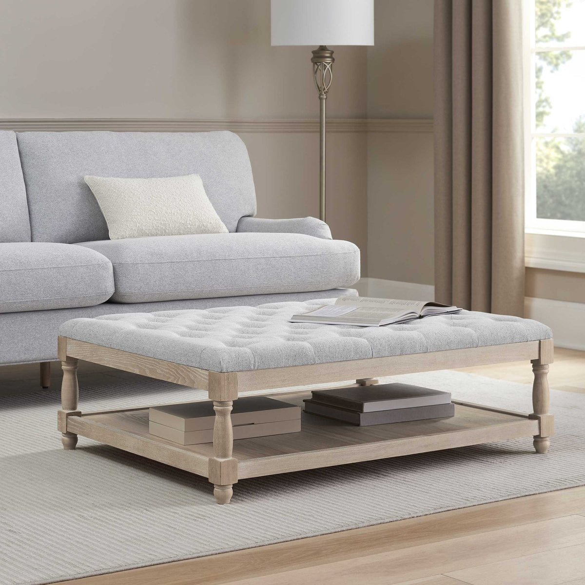 Knaresborough Button Back Coffee Table Pouffe - Light Grey - DUSK