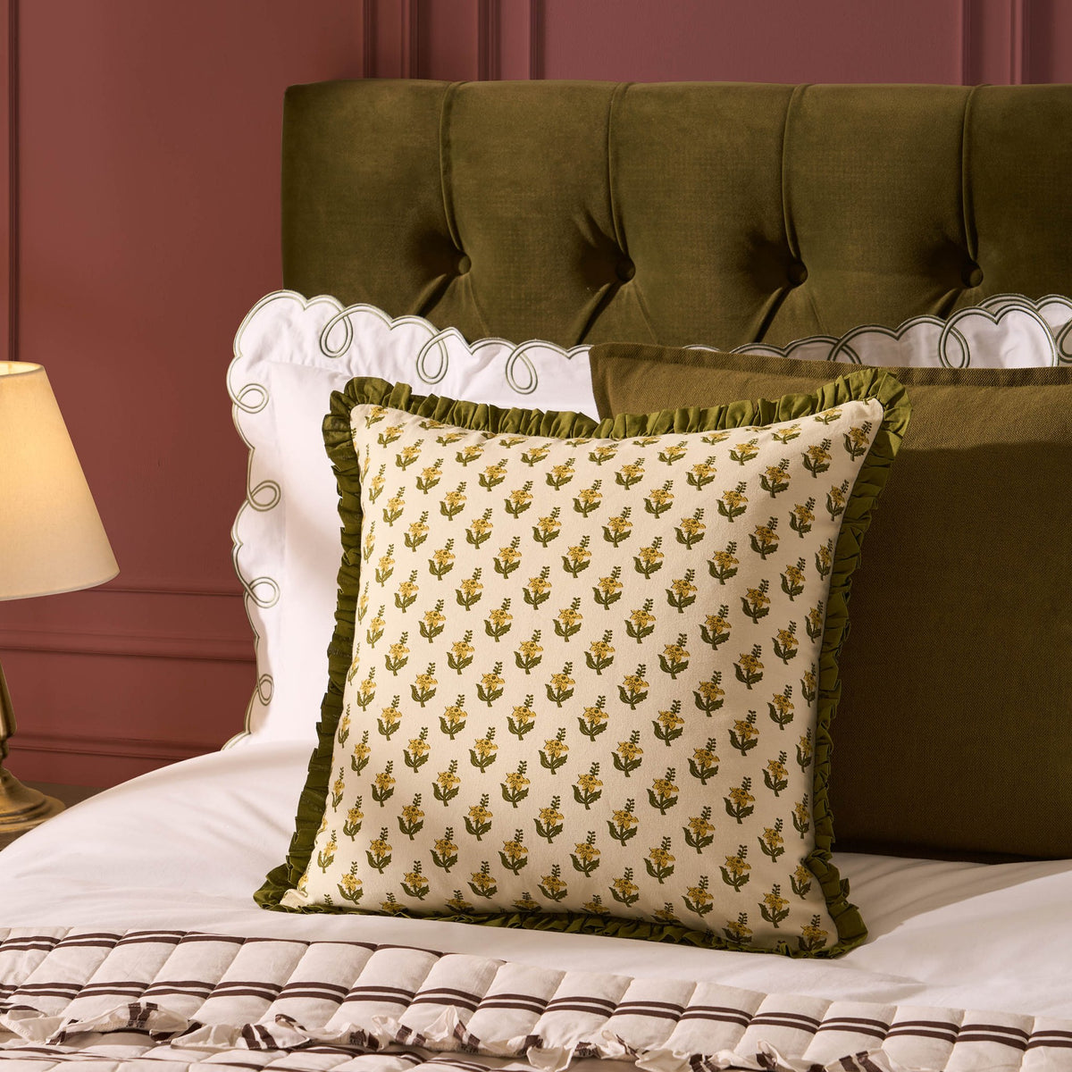 Kristen Cotton Box Pleat Edge Printed Cushion Cover - Forest Green - DUSK