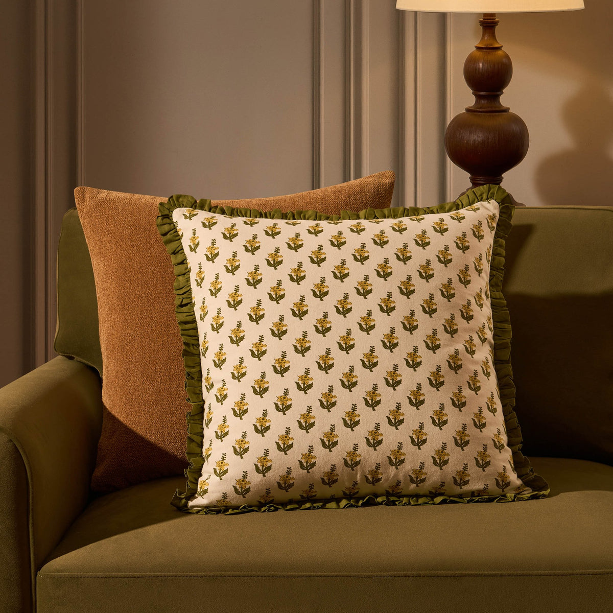 Kristen Cotton Box Pleat Edge Printed Sofa Cushion Cover - Forest Green - DUSK