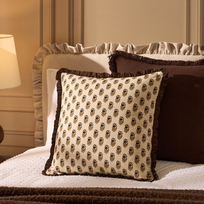 Lala Cotton Box Pleat Edge Printed Cushion Cover - Chocolate - DUSK
