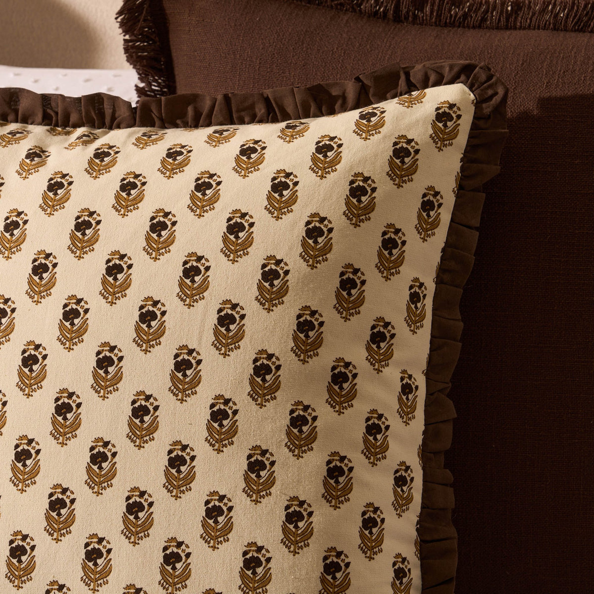 Lala Cotton Box Pleat Edge Printed Cushion Cover - Chocolate - DUSK