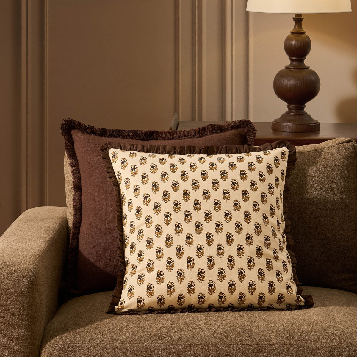 Lala Cotton Box Pleat Edge Printed Sofa Cushion Cover - Chocolate - DUSK