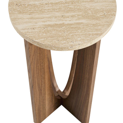 Lana Round Side Table - Mid Wood/ Travertine Effect - DUSK