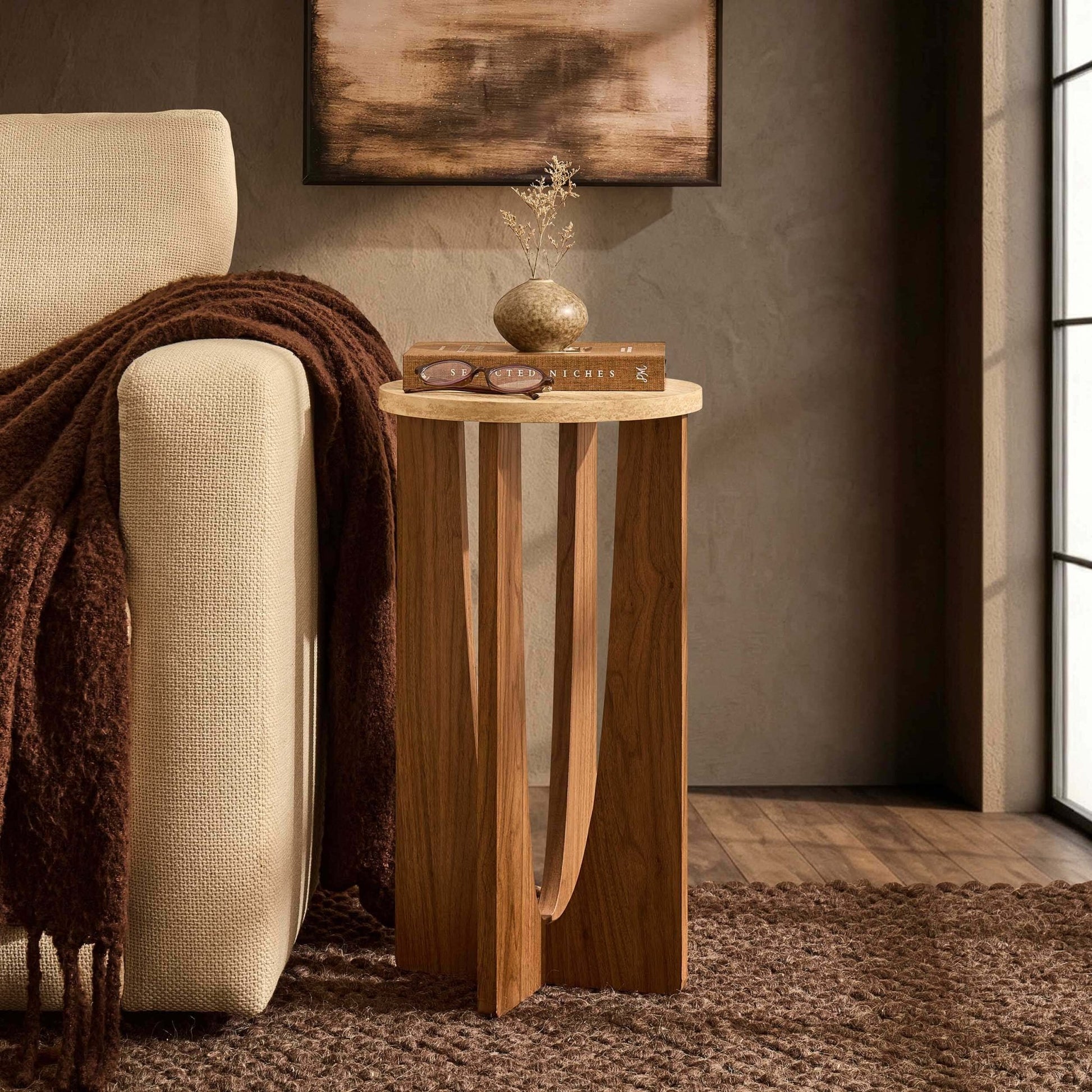 Lana Round Side Table - Mid Wood/ Travertine Effect - DUSK