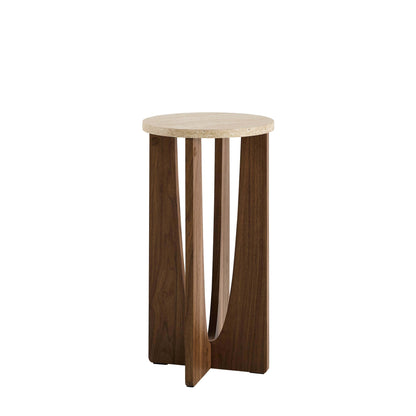 Lana Round Side Table - Mid Wood/ Travertine Effect - DUSK