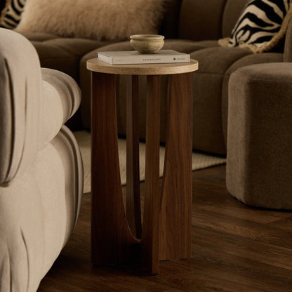 Lana Round Side Table - Mid Wood/ Travertine Effect - DUSK