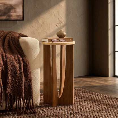 Lana Round Side Table - Mid Wood/ Travertine Effect - DUSK