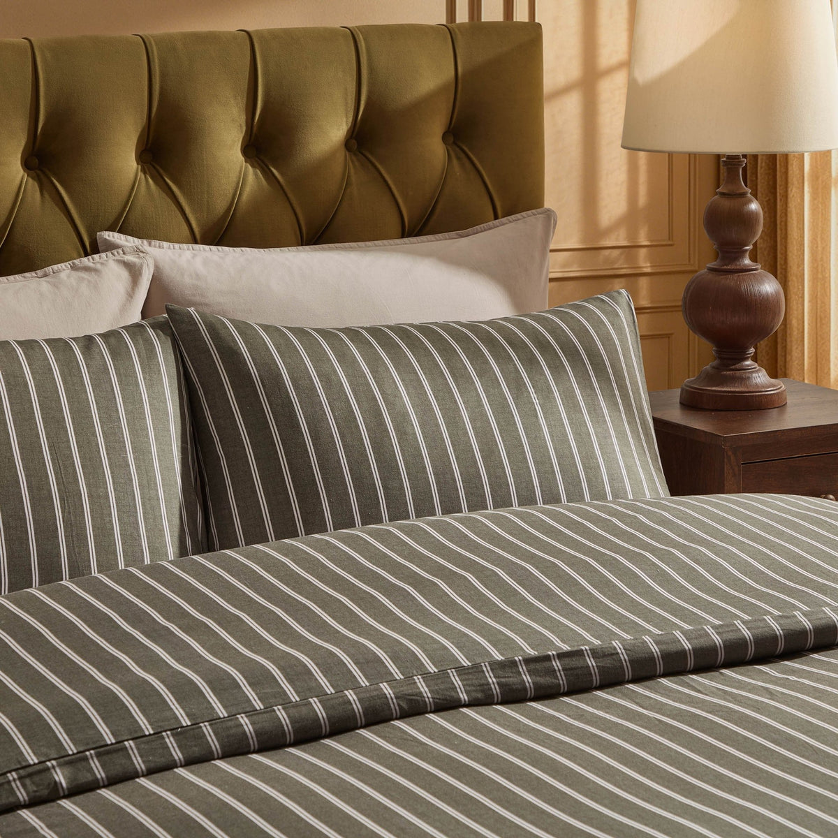 Landon Double Stripe Duvet Cover Set - Forest Green - DUSK
