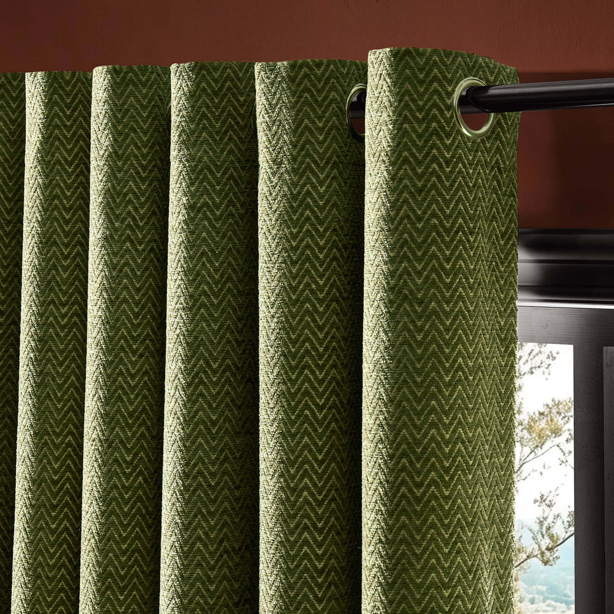Large Herringbone Pattern Eyelet Curtains - Green - DUSK