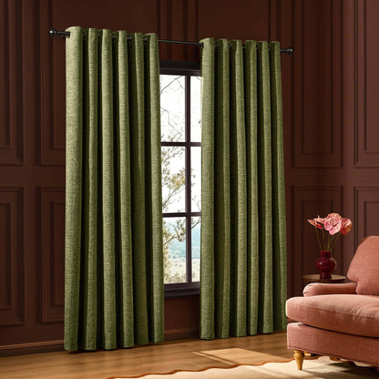 Large Herringbone Pattern Eyelet Curtains - Green - DUSK