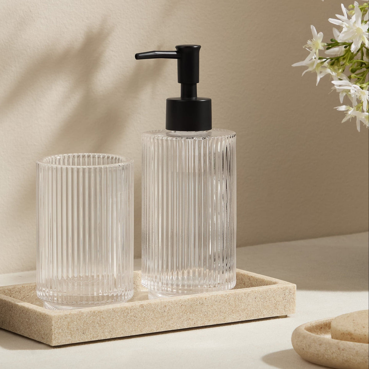 Lena Ribbed Glass Soap Dispenser - Clear - DUSK