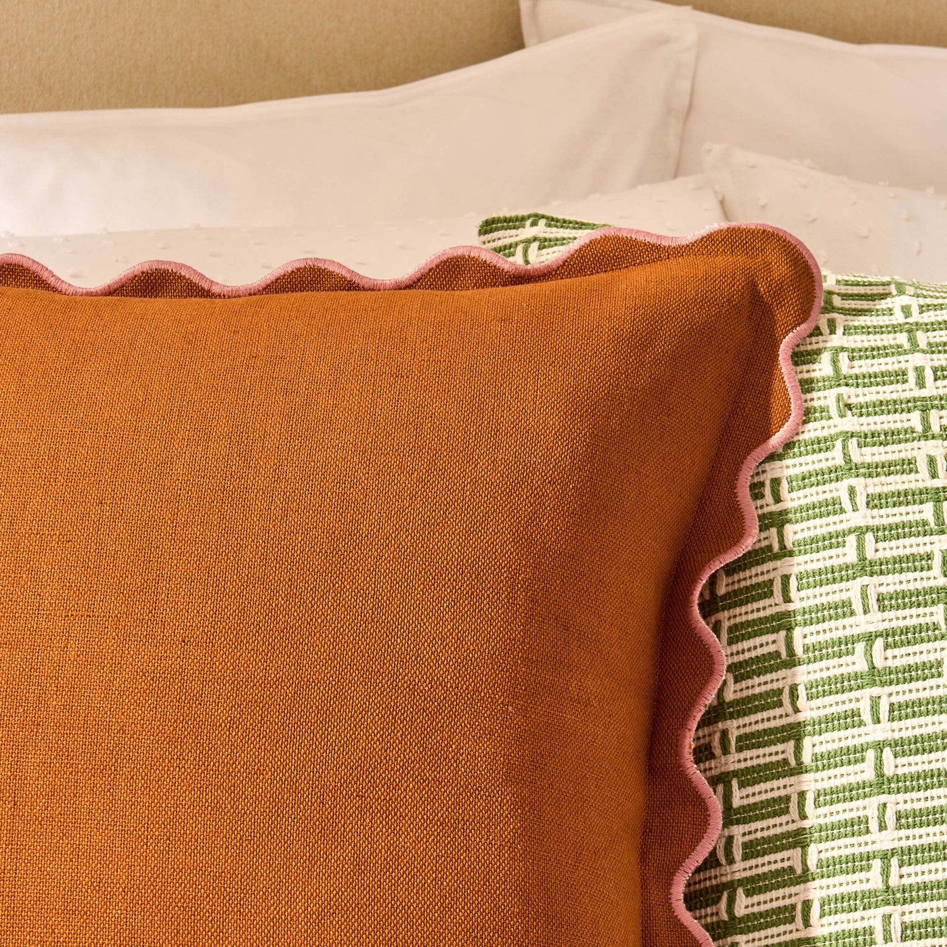 Linen Blend Scallop Edge Cushion Cover - Orange/Pink - DUSK