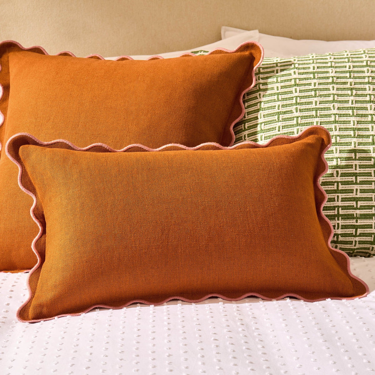 Linen Blend Scallop Edge Cushion Cover - Orange/Pink - DUSK