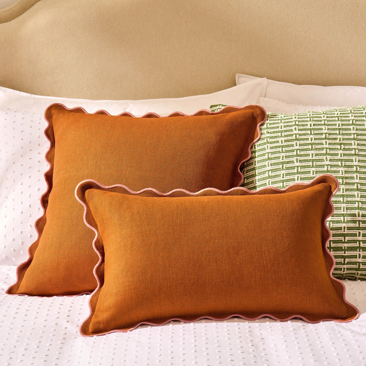 Linen Blend Scallop Edge Cushion Cover - Orange/Pink - DUSK