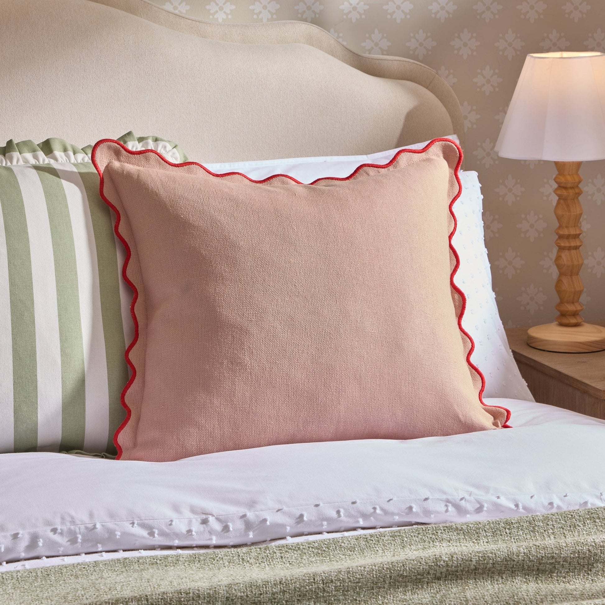 Linen Blend Scallop Edge Cushion Cover - Pink/ Red - DUSK