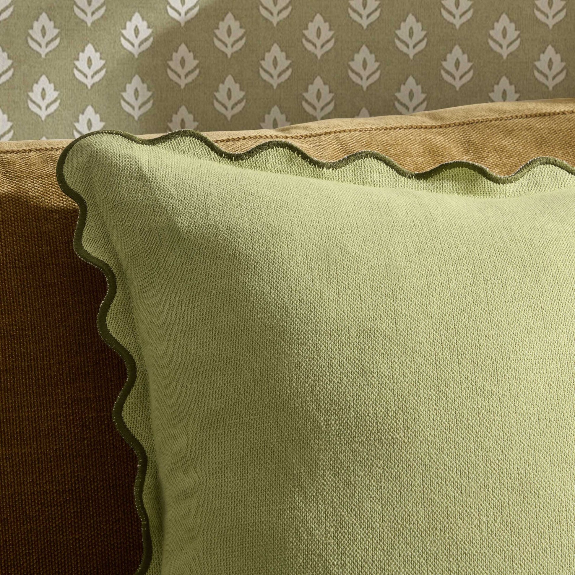 Linen Blend Scallop Edge Sofa Cushion Cover - Green - DUSK
