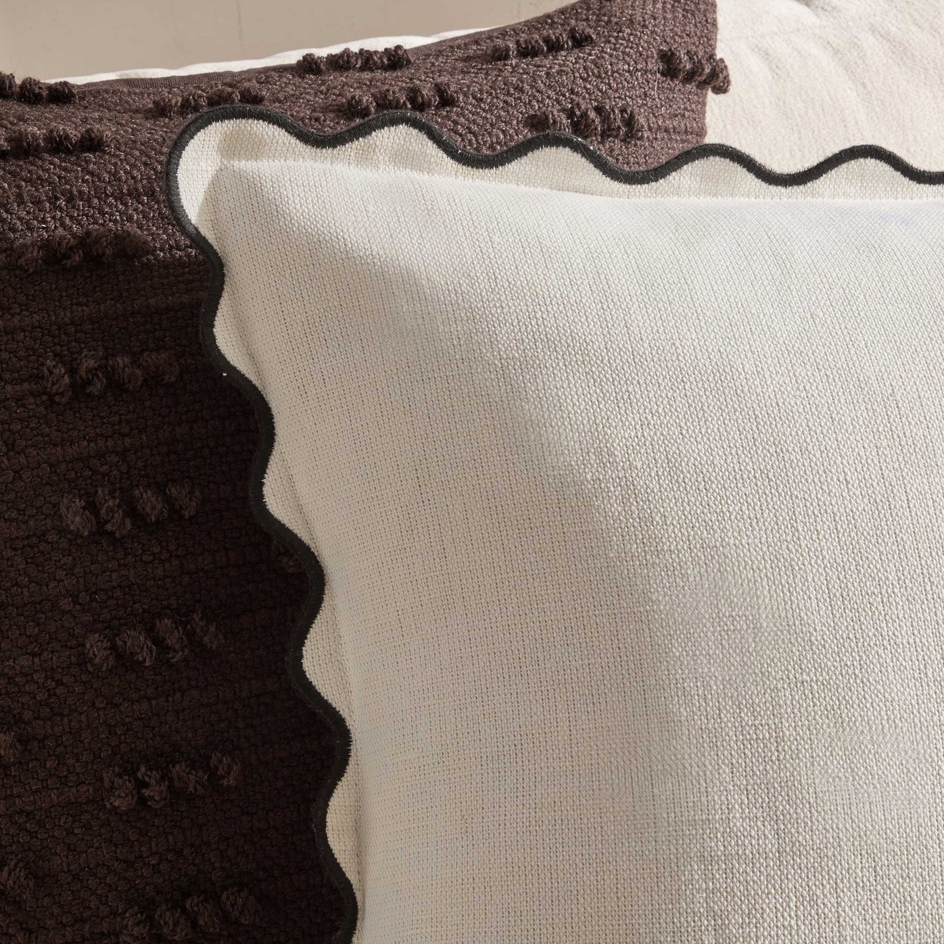 Linen Blend Scallop Edge Sofa Cushion Cover - Natural/Black - DUSK