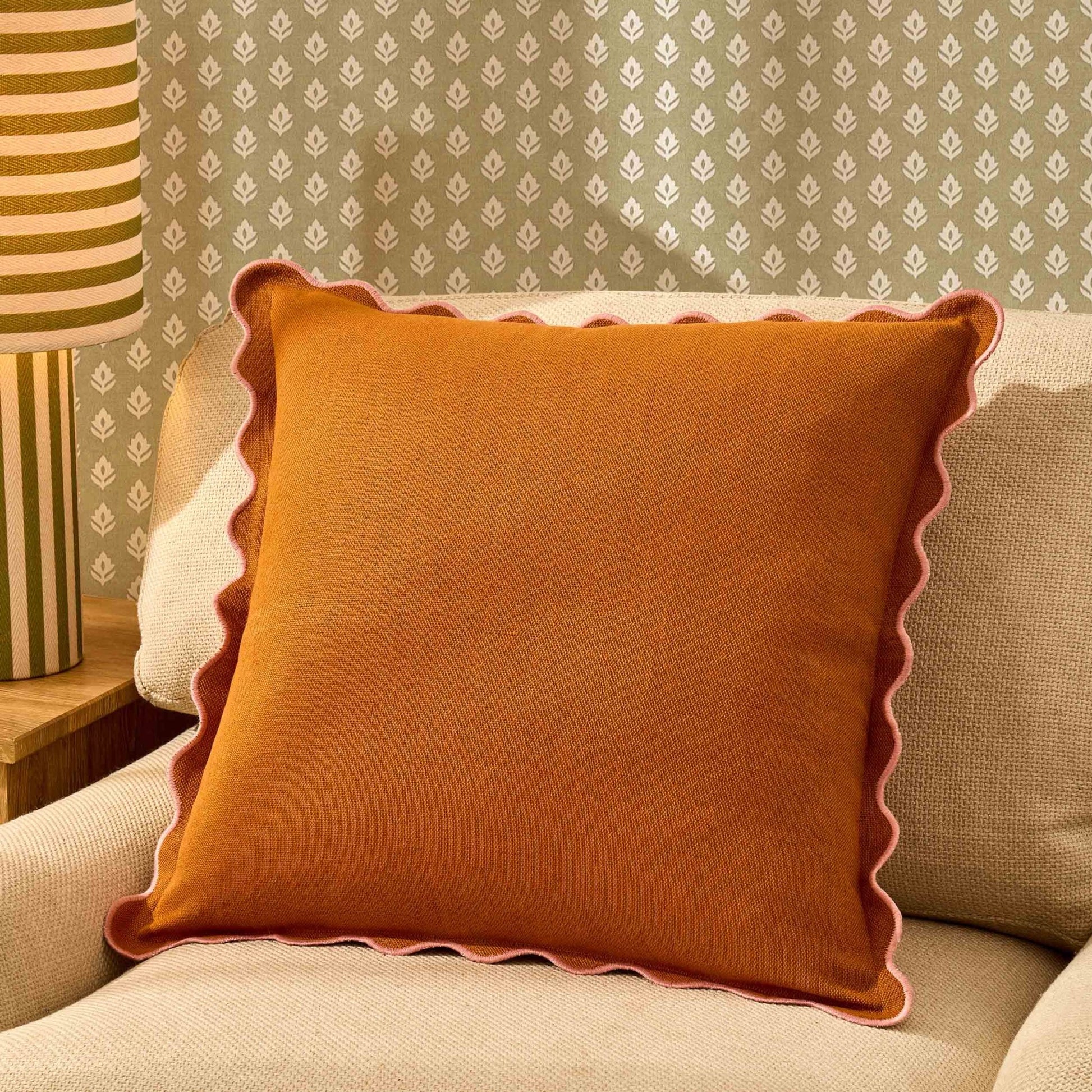 Linen Blend Scallop Edge Sofa Cushion Cover - Orange/Pink - DUSK