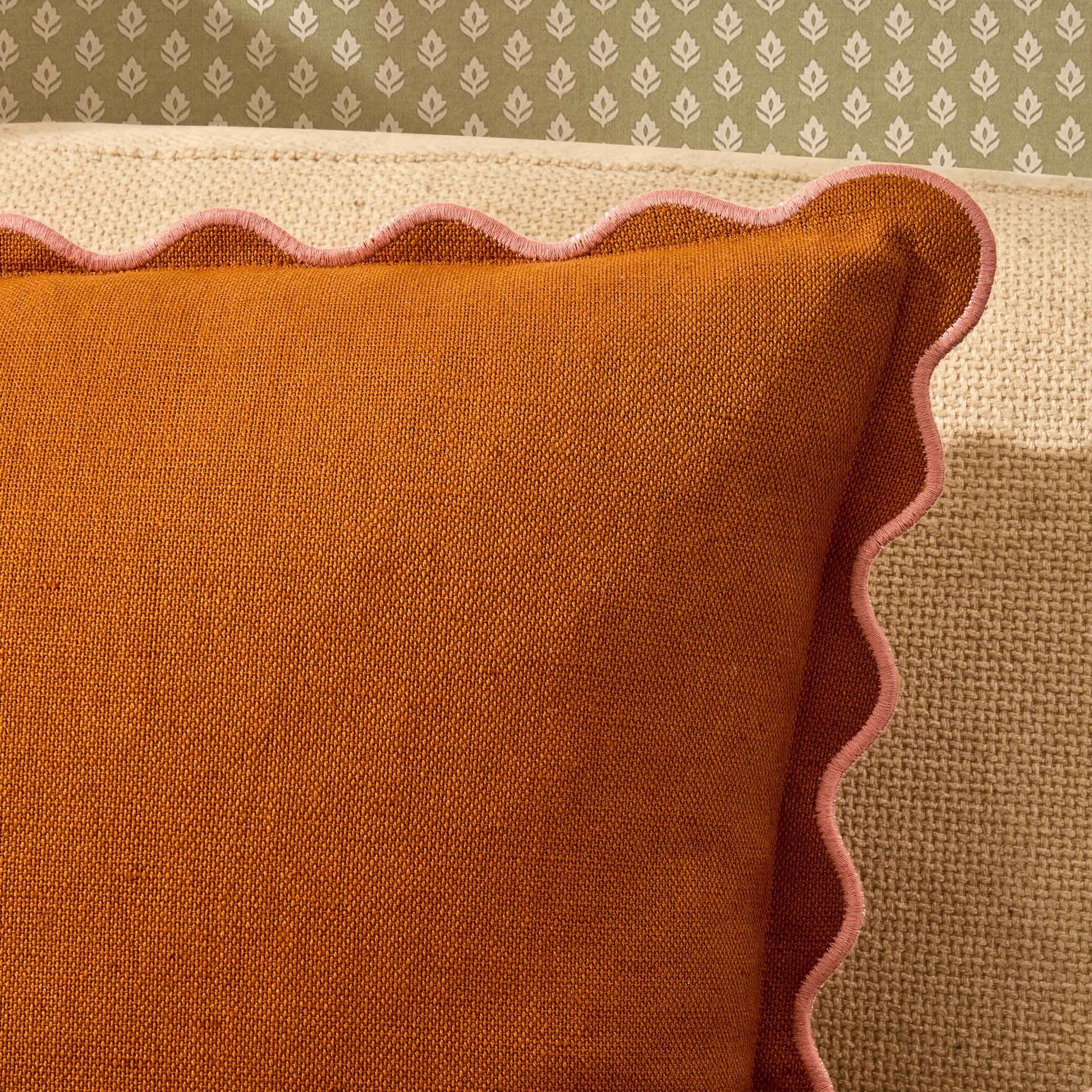 Linen Blend Scallop Edge Sofa Cushion Cover - Orange/Pink - DUSK