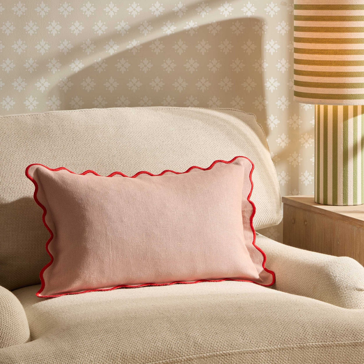 Linen Blend Scallop Edge Sofa Cushion Cover - Pink/ Red - DUSK