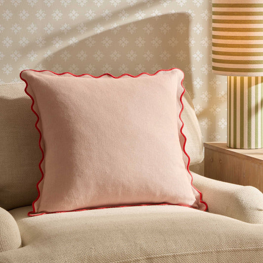 Linen Blend Scallop Edge Sofa Cushion Cover - Pink/ Red - DUSK
