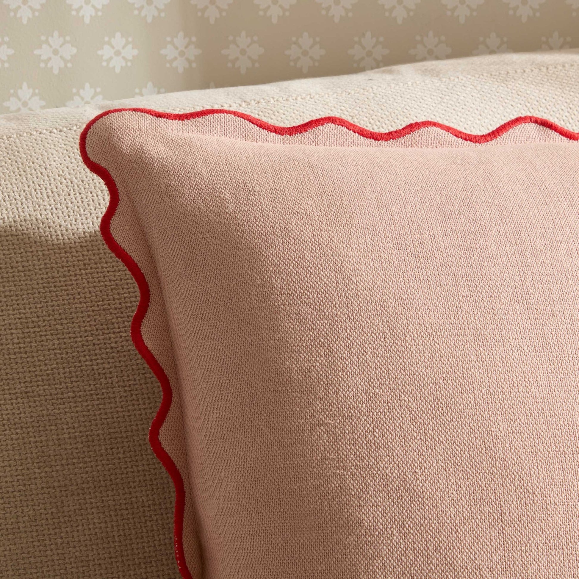 Linen Blend Scallop Edge Sofa Cushion Cover - Pink/ Red - DUSK