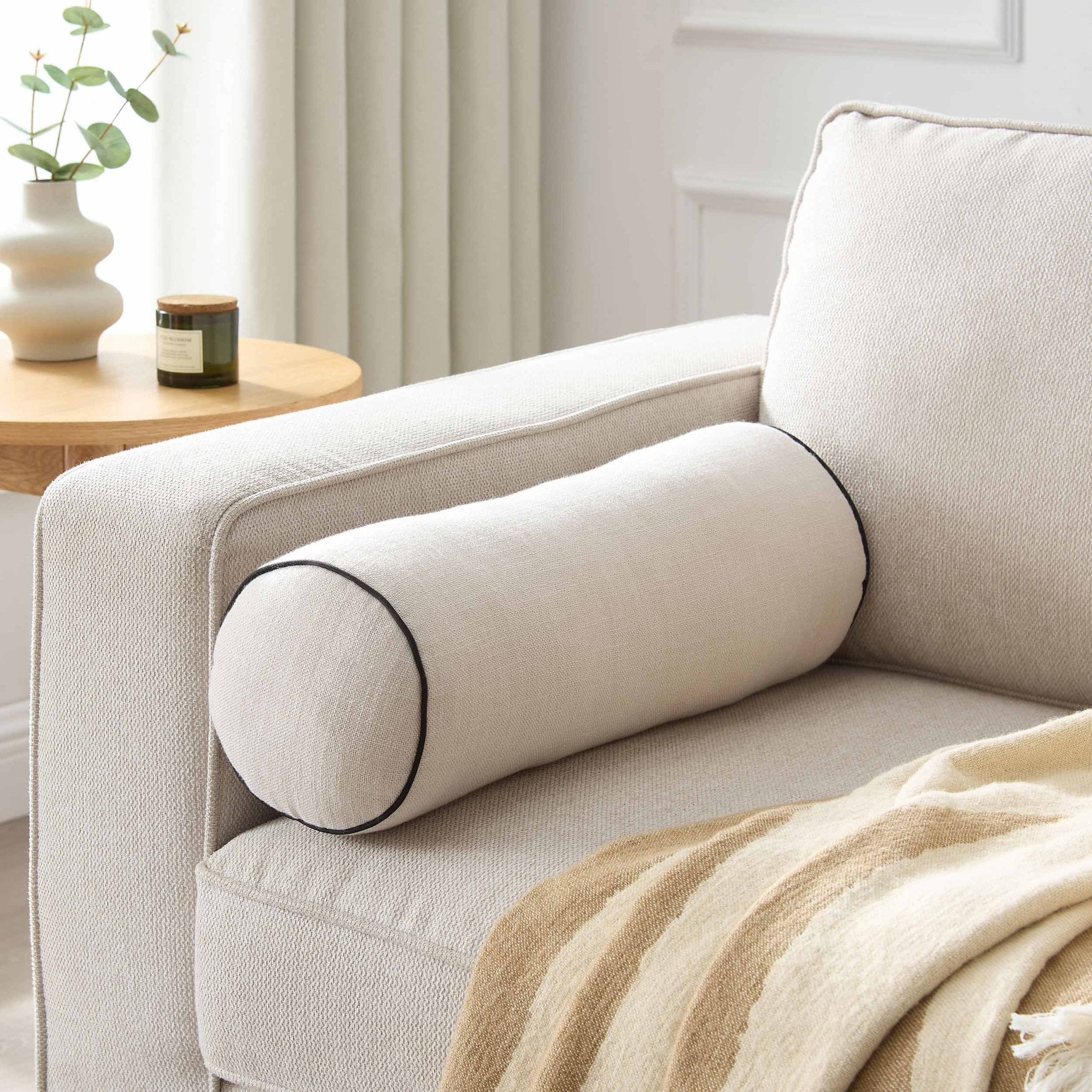 Linen Look Piped Edge Sofa Cushion Cover - Stone/Black - DUSK