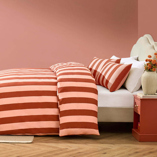 Livia 100% Cotton Tonal Stripe Duvet Cover & Pillowcase Set - Pink - DUSK